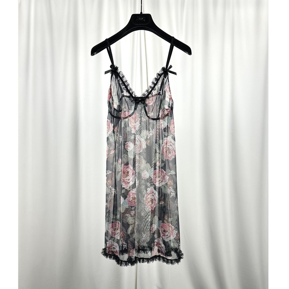 Vintage Sheer Floral Mesh Babydoll Slip Dress Black Lace 90s Lingerie